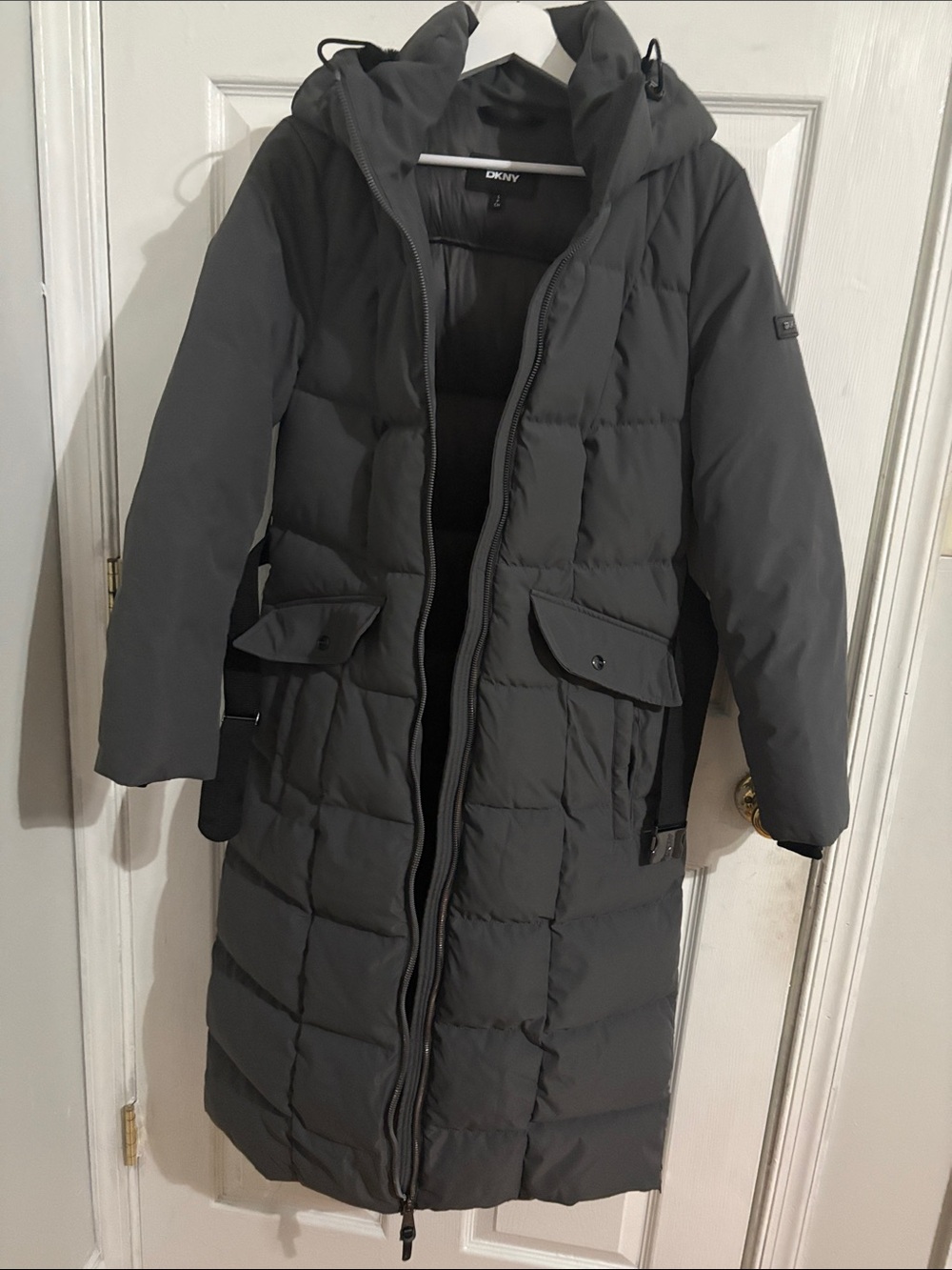DKNY Women's Dark Gray Long Puffer Coat with Hood